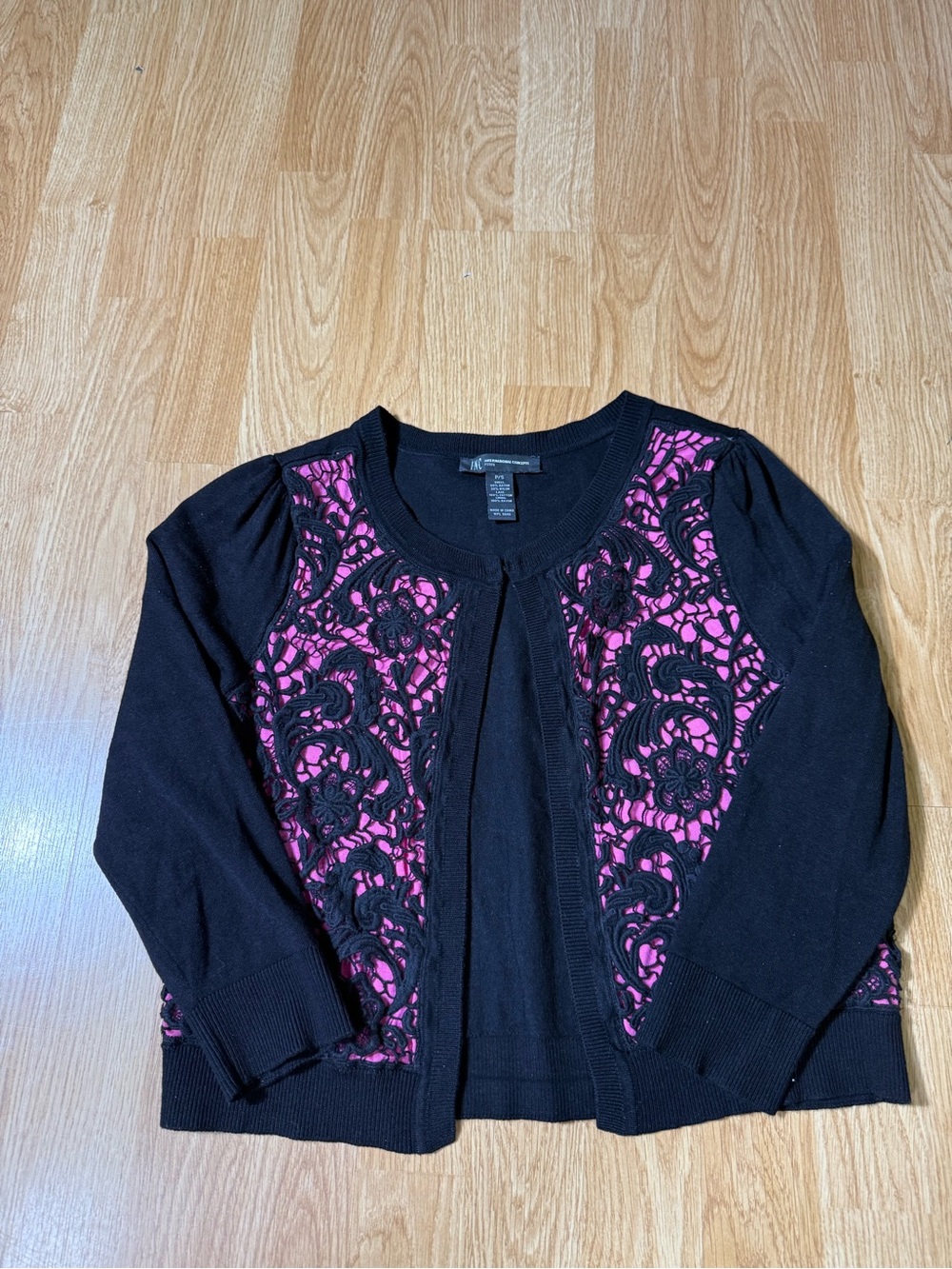 INC International Concepts Black Lace-Overlay Cardigan with Fuchsia Underlay - S